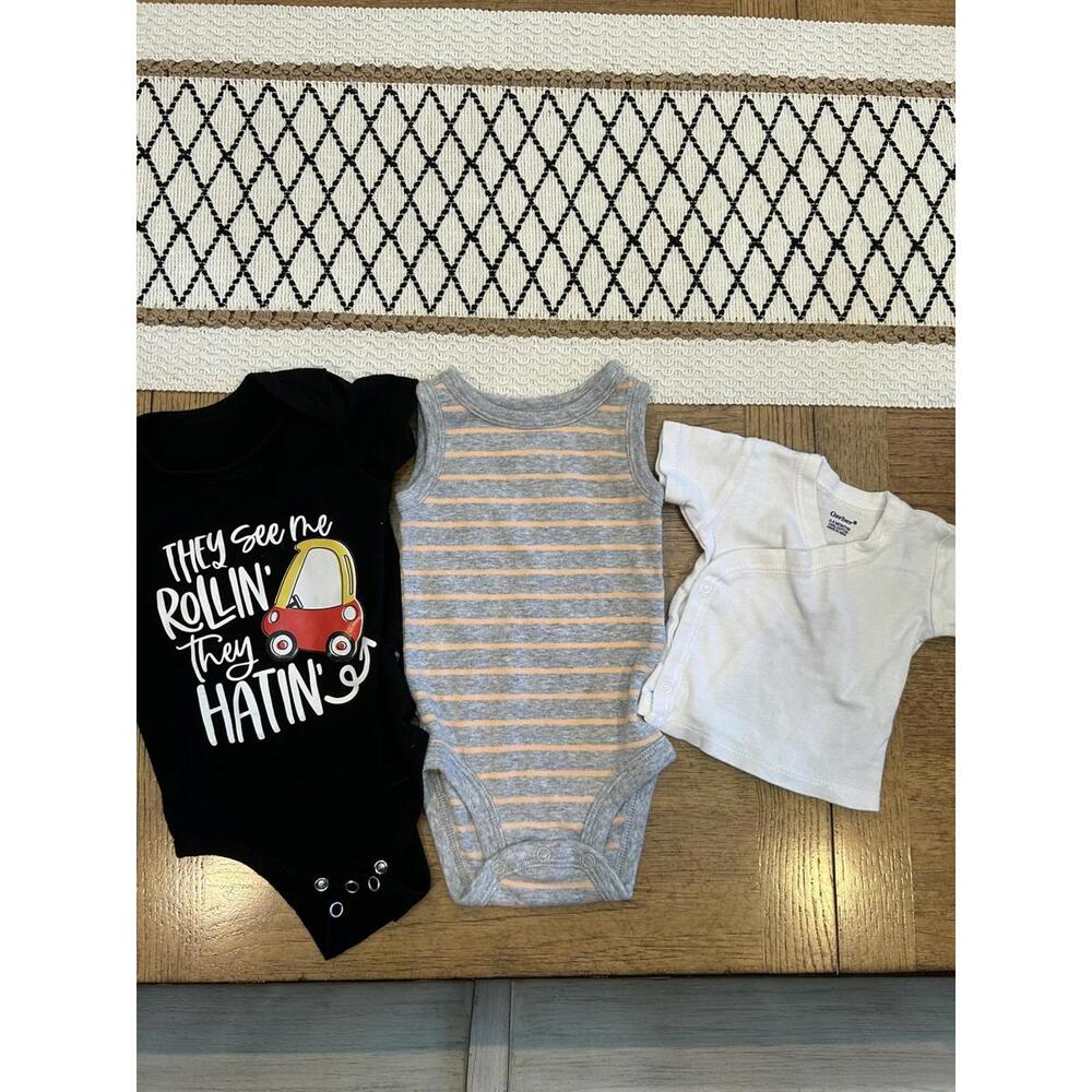 3-bodysuits - Black Graphic, Gray Striped, White Wrap Shirt